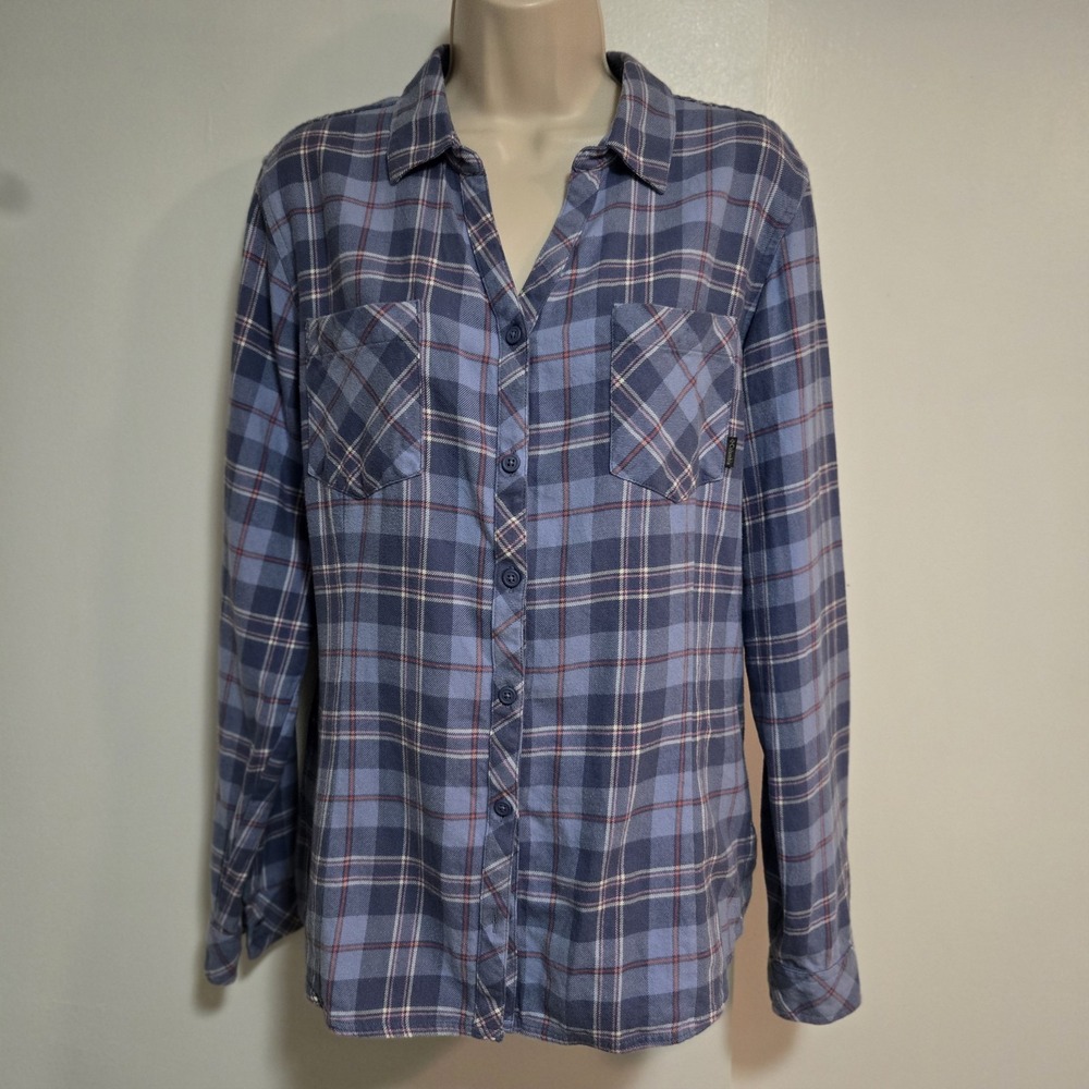 Columbia Size XL Blue Multi Plaid 100% Cotton Flannel Split V-neck Blouse Shirt